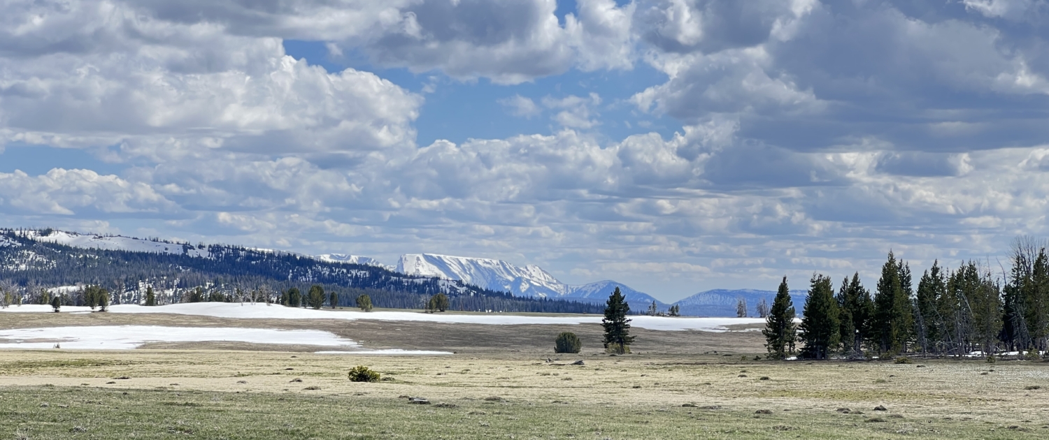 Open high-altitude meadow with scattered snow and snow-capped mountains under a dramatic cloudy sky in Wyoming